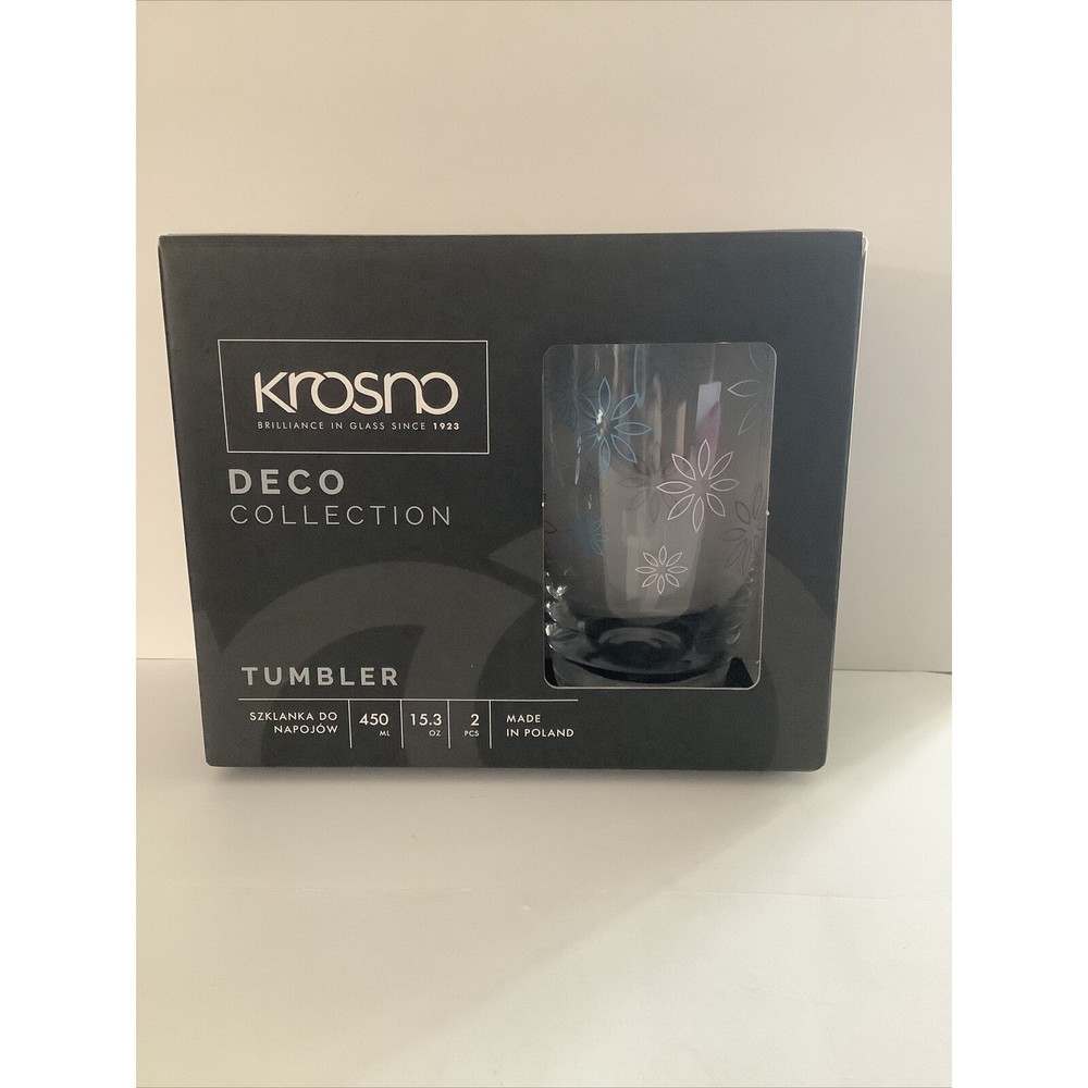 Krosno Deco Collection Set of 2 Tumbler Flower Glasses 15.3 oz NEW in Box